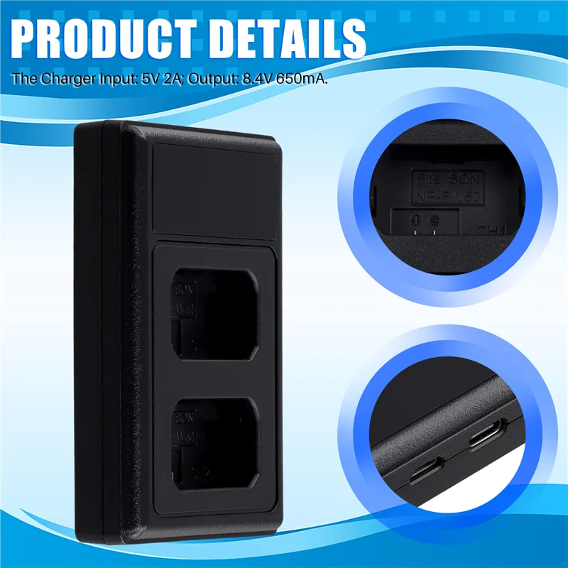 شاحن بطارية مزدوج LCD كامل USB لكاميرا سوني NP-FW50/BN1/BX1/FM50/FZ100/بطارية مع كابل منفذ من النوع C