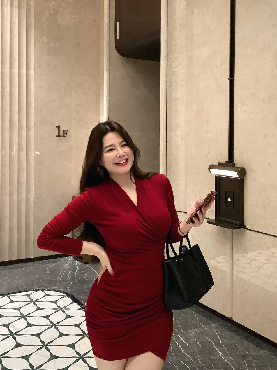 

Вязаное платье Jomel ML больших размеров с V-образным вырезом, облегающее, с юбкой, красное, с запахом, с завышенной талией, весна-лето-осень, модное, в корейском стиле