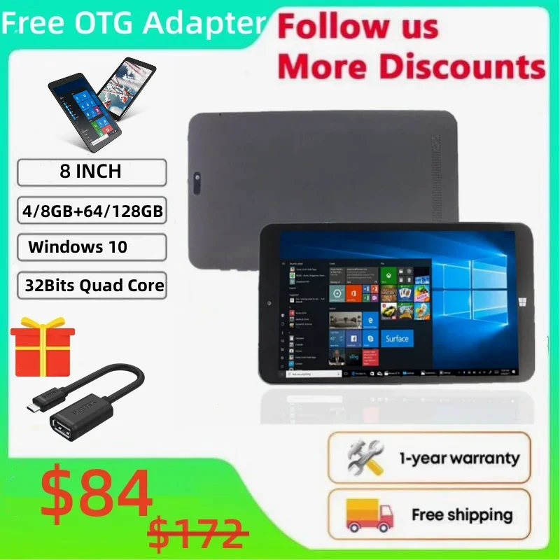 Newest 8'' Windows 10 Tablet PC Quad Core 4GB/8GB RAM 64GB/128GB ROM 1280*800IPS WiFi Intel Z8350 OTG Adapter Gift