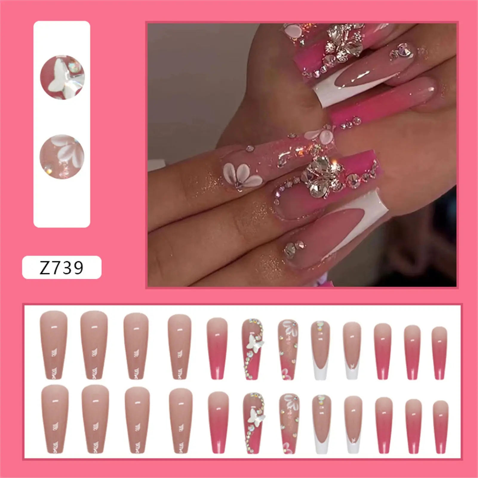 Gradients Pink Long Fake Nails with White Edge Lightweight and Easy to Stick Fake Nail for Stage Performance Wear