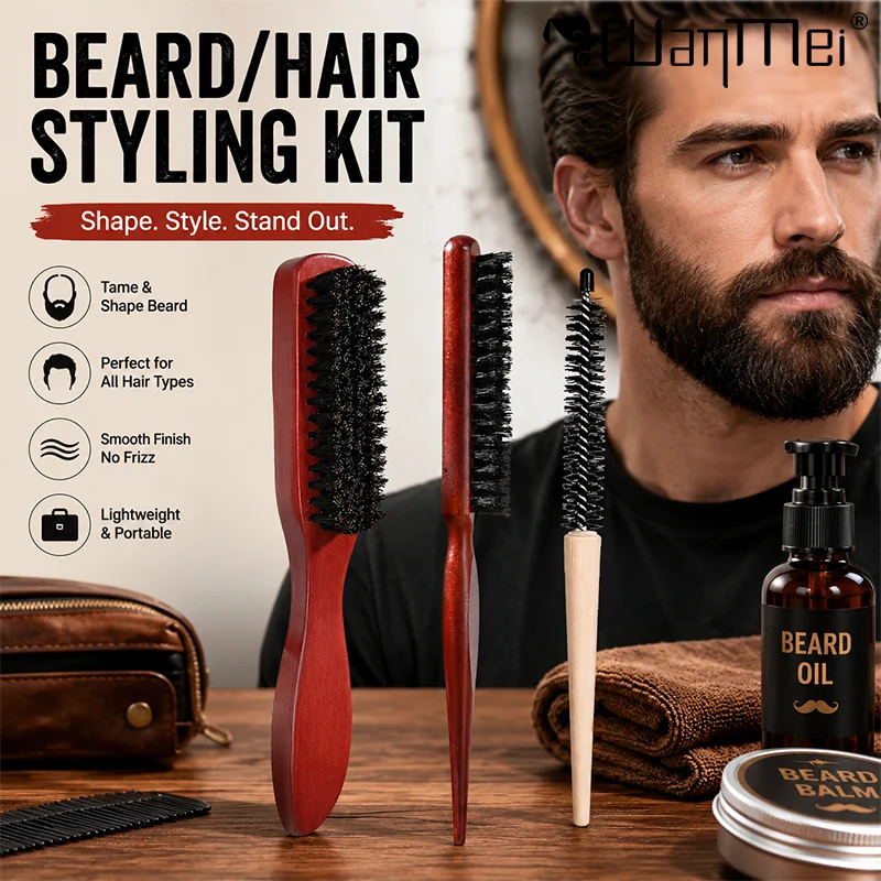 3pcs Profession Bristle Brush Kit Round Brush Fluffy Rat Tail Teasing Comb Beard Shaving Edge Control Brush Hair Styling Tools