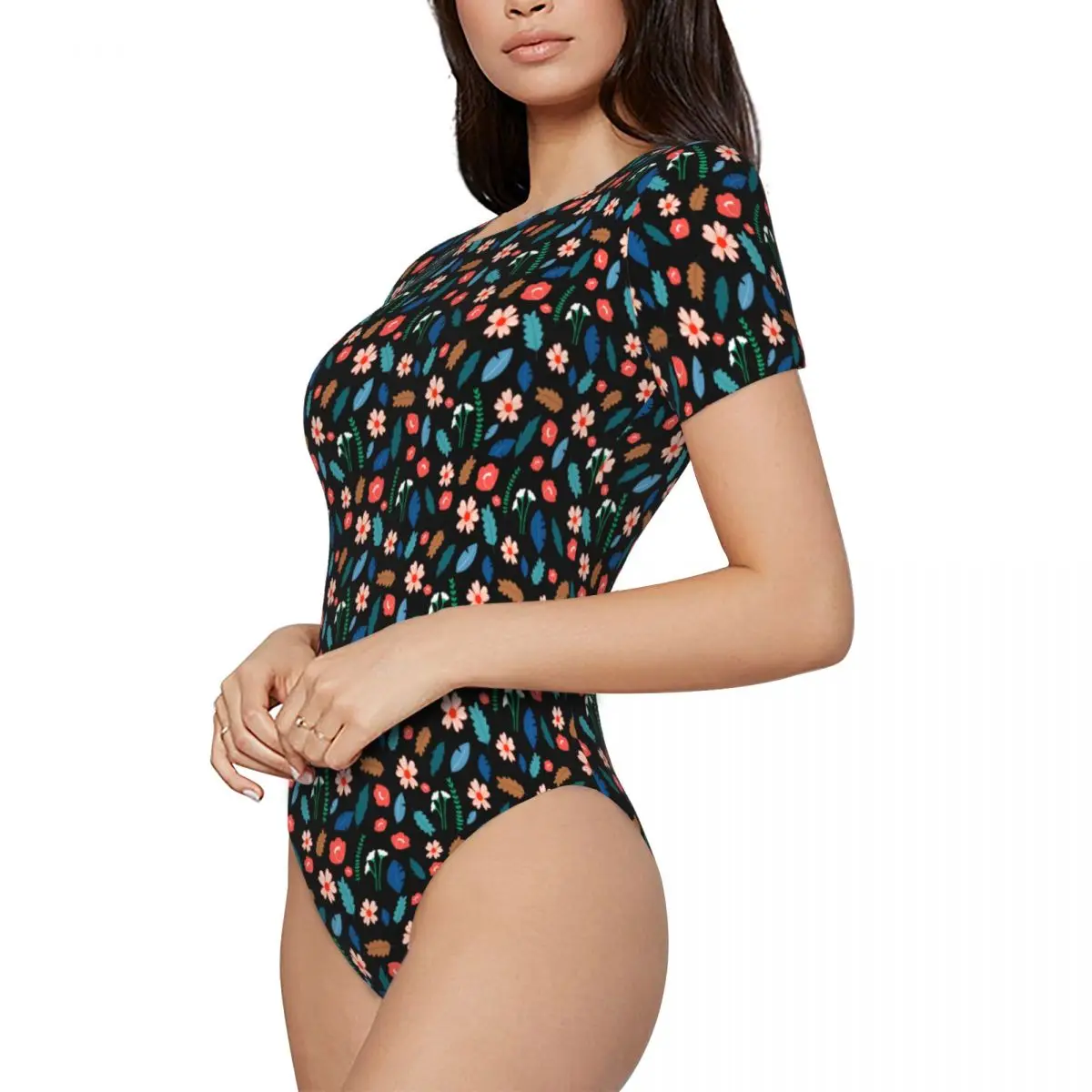 Fatos de banho One Piece para mulheres, roupa de banho com gola redonda, presentes de manga curta para meninas para aniversários e feriados, 585668775