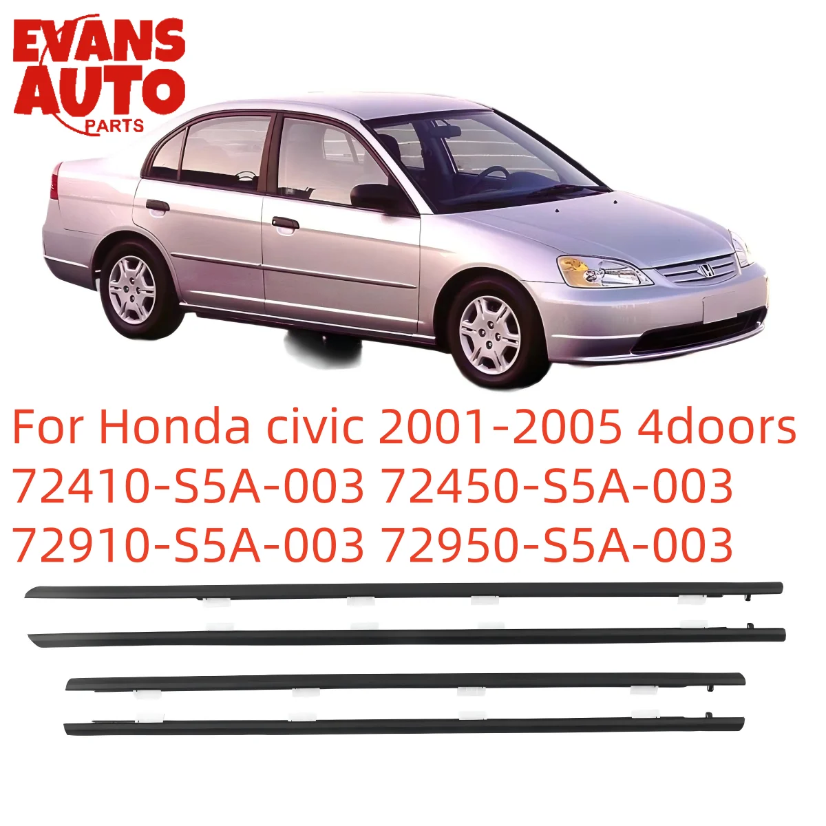 Burlete negro para ventana de coche, 4 Uds., para Honda civic 01-05, 4 puertas, burlete para ventana, moldura embellecedora 72410-S5A-003