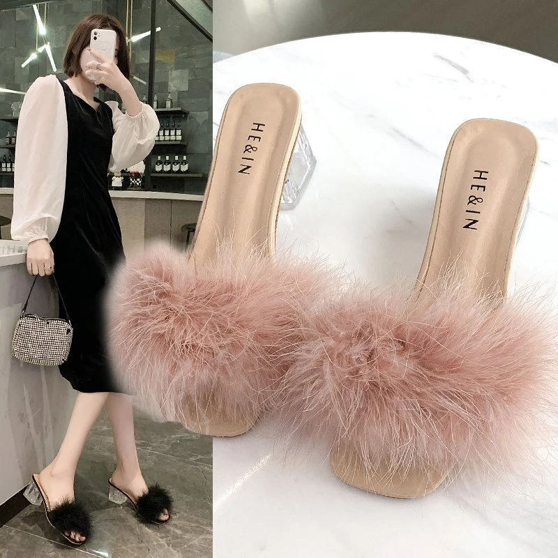 2025 Elegant and High Quality Fashion Slippers Women's Summer New Open Toe Plush Fox Fur Flip Flops Sexy High Heel Sandals view 4