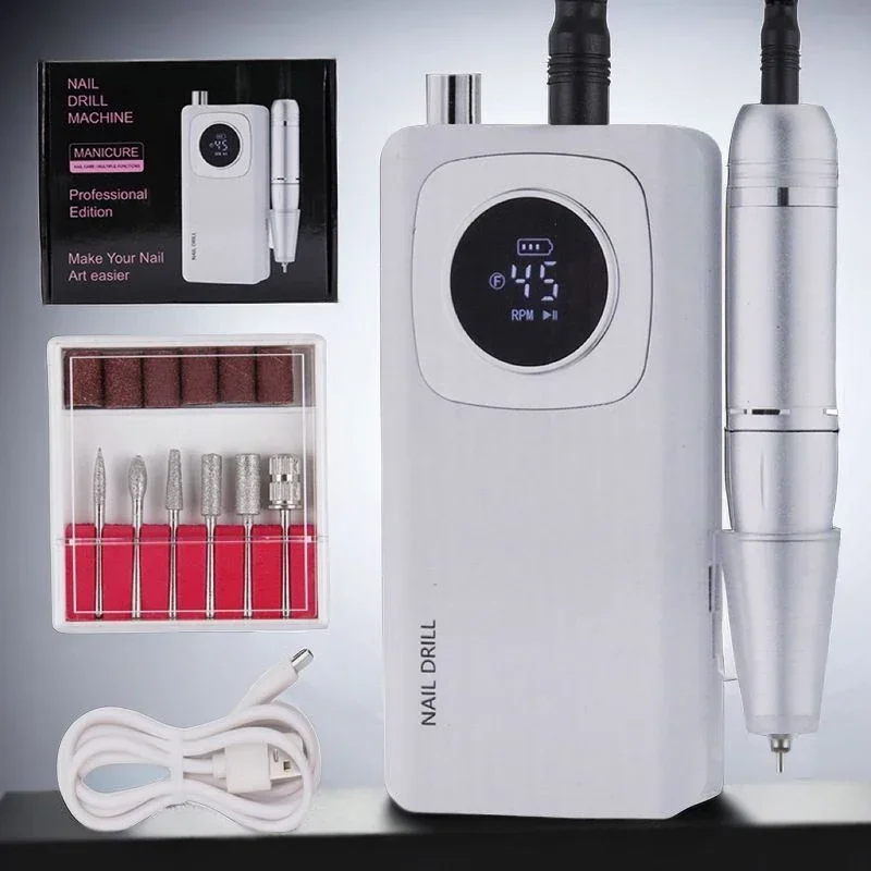 45000RPM High Speed Rechargeable   Nail Drill Machine with LCD Low Noise Professional Nail Polish Sander Nails Accessories Set