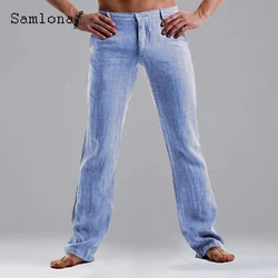 Samlona 2025 Men's Casual Linen Pants Solid Elastic Waist Loose Straight Trouser Plus Size 3xl Mens Fashion Leisure Beach Pants
