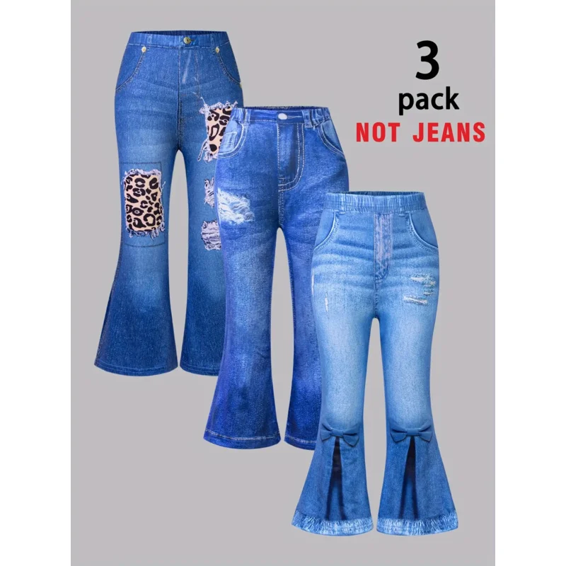 

Длинные брюки для девочек в полоску, повседневные модные расклешенные брюки до середины икры из искусственного денима с рваным леопардовым принтом