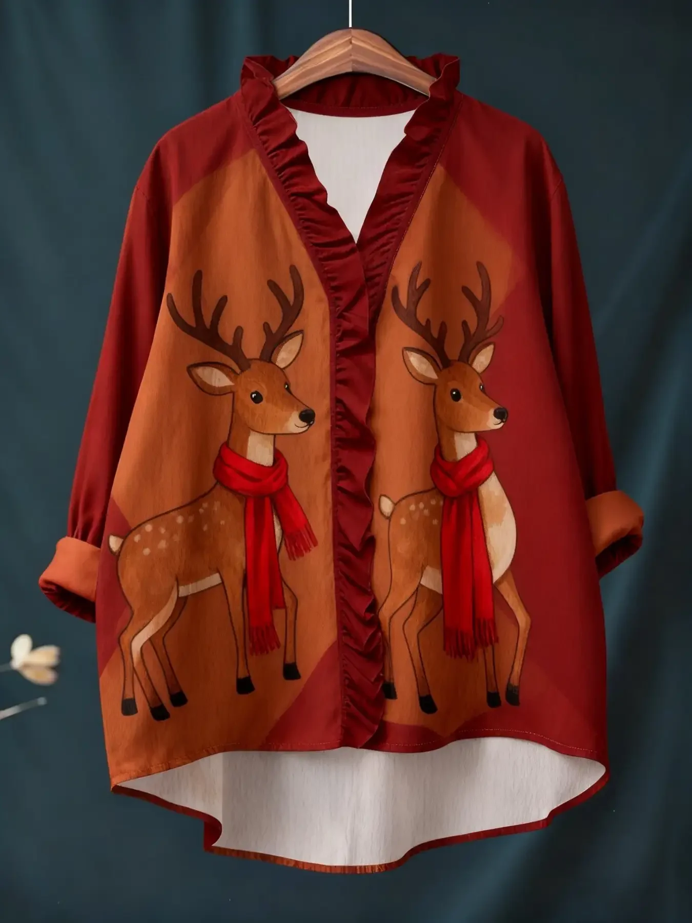 New women's Christmas digital printed long sleeved shirt ,Lotus leaf edge full body abstract color blocked shirt jacket