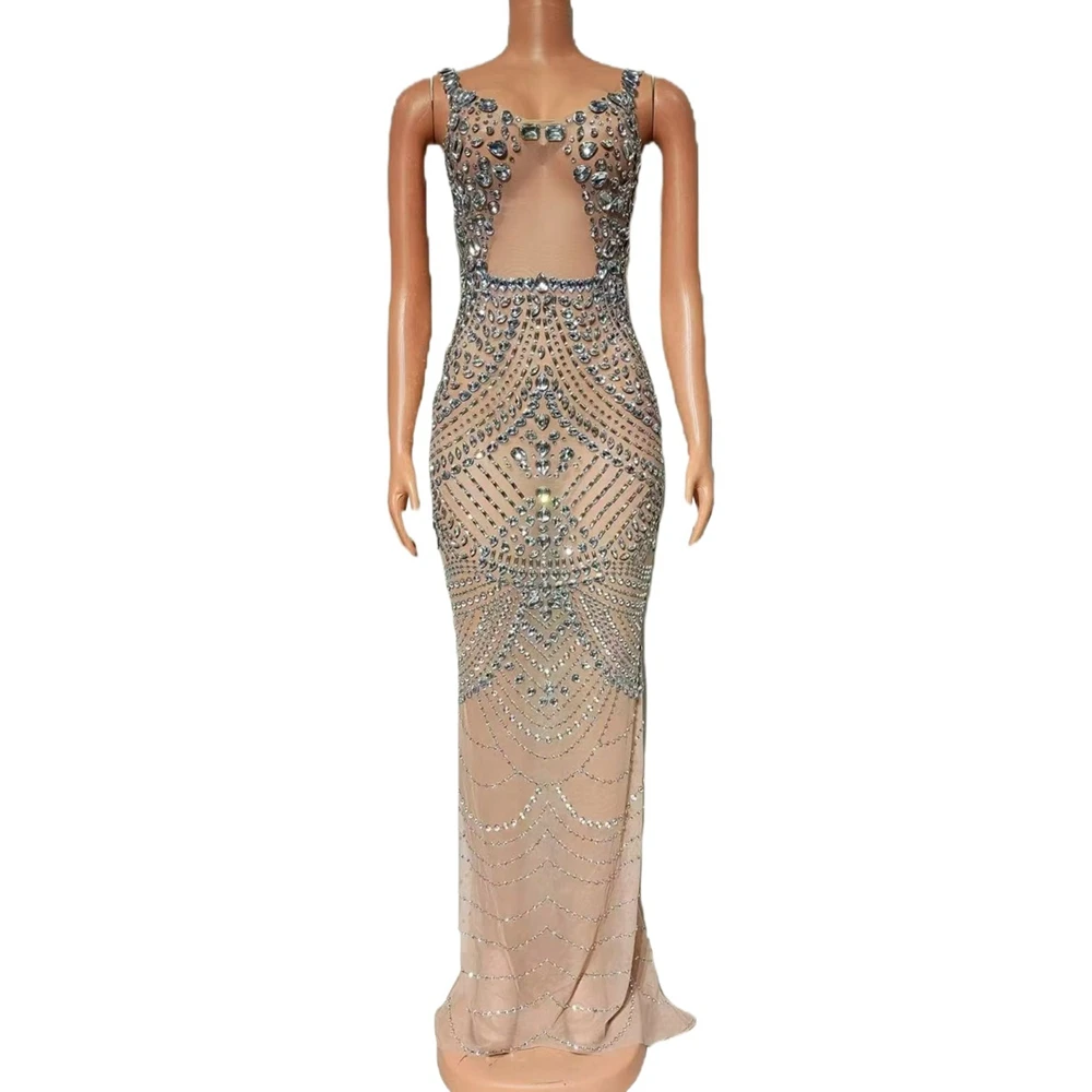 

Sparkly Crystals Dress for Women Sexy Mesh See Through Evening Prom Party Birthday Dress Photo Shoot Wear Singer Show Clothing