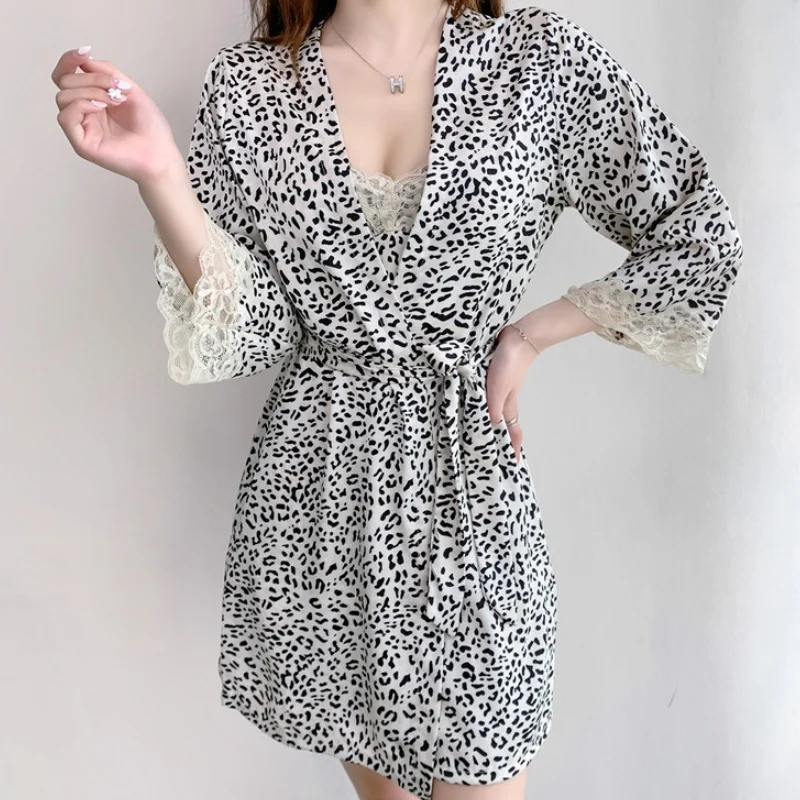 Summer Thin Imitation Silk Pajamas Sexy Leopard Nightgown Two Piece Set of V-neck Sling Dress and Robe Home Clothing for Women