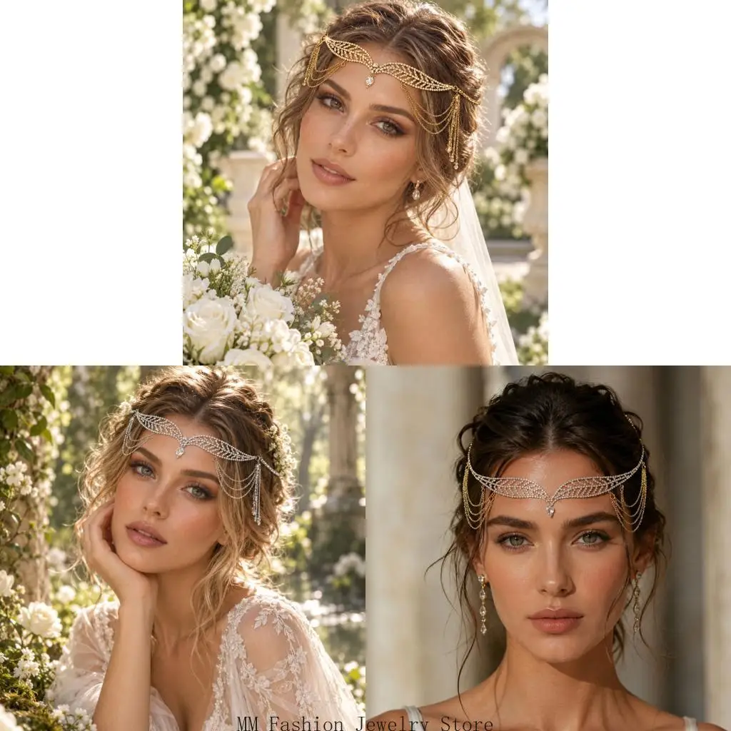 Elastic Hair Chain with Faceted Embellishments and Tool-Free Wear for Braids, Half-Up Styles, and Weddings D0UB