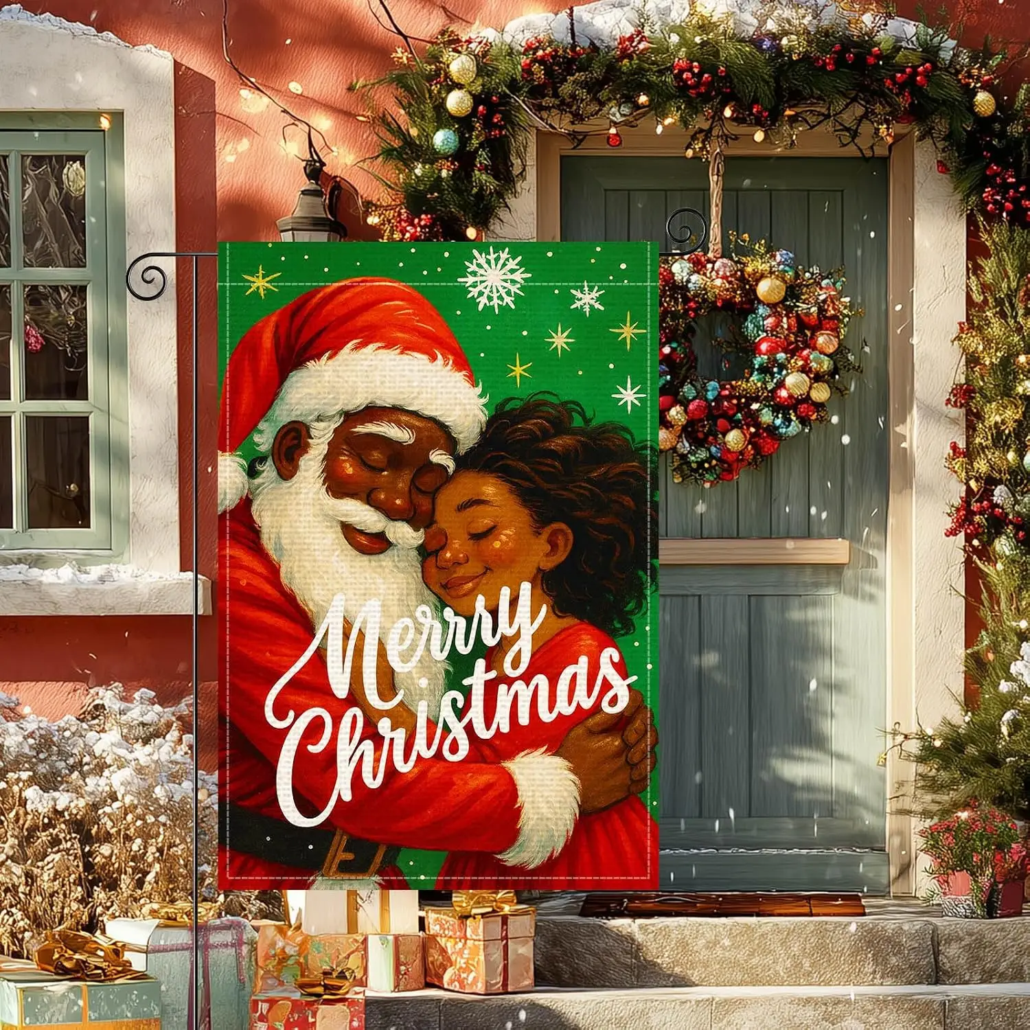 Christmas Santa Garden Flag 12x18 Inch Burlap Double-Sided