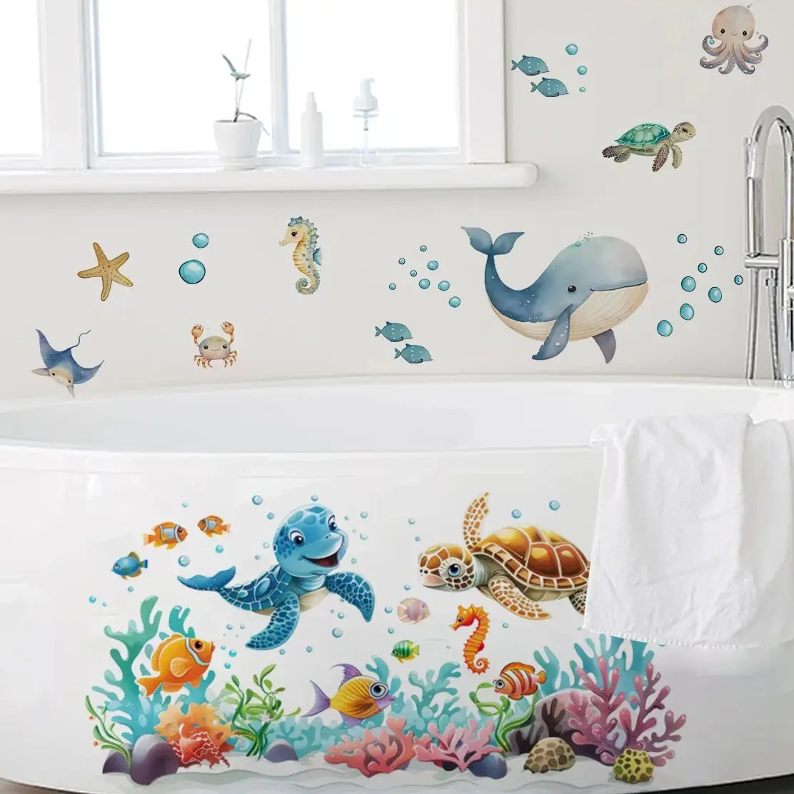 

Cartoon Turtle Coral Marine Animal Watercolor Wall Sticker Nursery Child Room Tub Bathroom Waterproof Decal Kids Room Home Decor