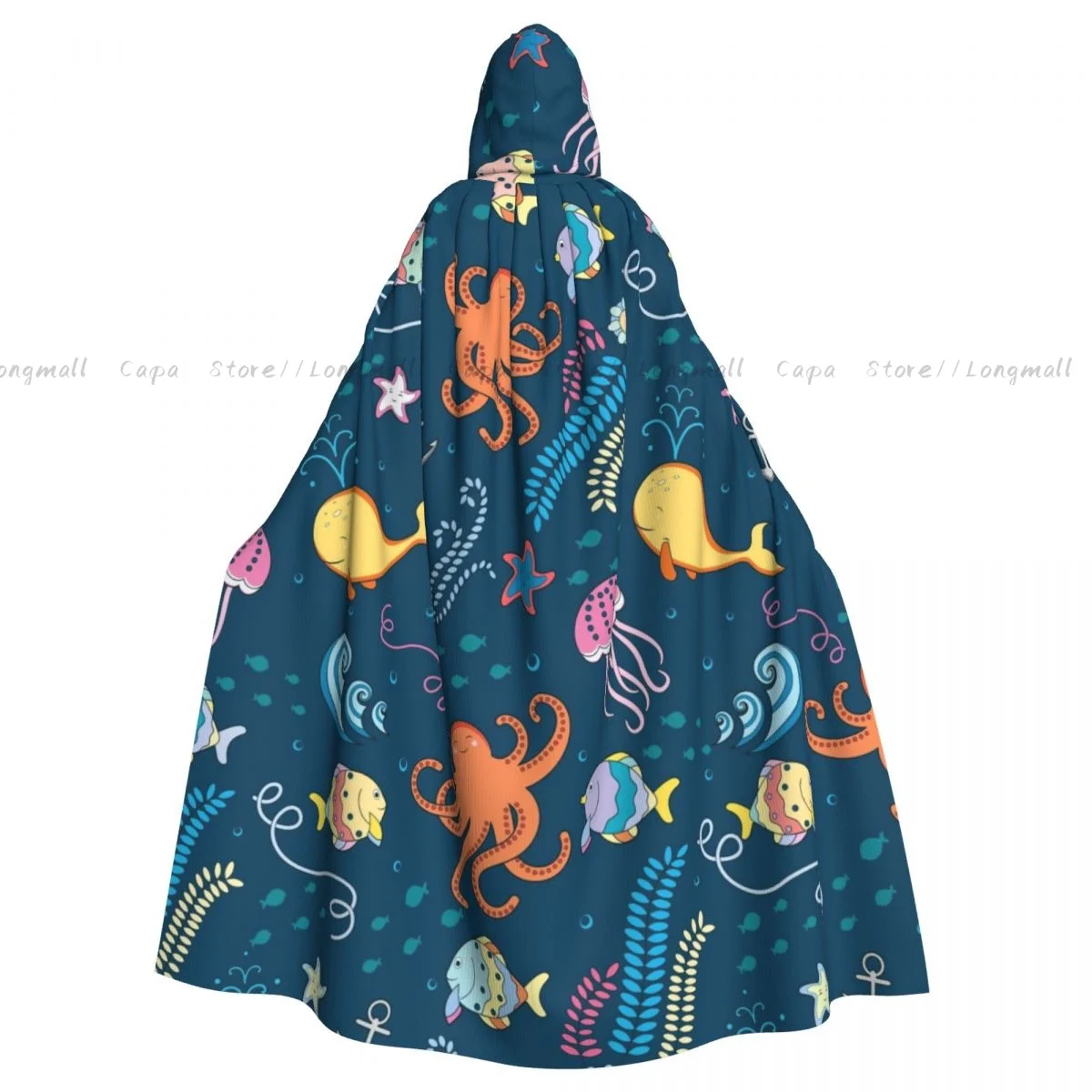 Adult Vampire Cape Hooded Robe Marine World Fish Octopus Jellyfish Starfish Anchor Seaweed Halloween Cloak Full Length Cosplay