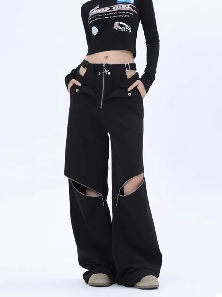 

QWEEK Streetwear Cargo Pants Women Y2k Baggy Techwear Wide Leg Trousers Sexy High Waisted Hollow Out Gray Black Pantalones Mujer