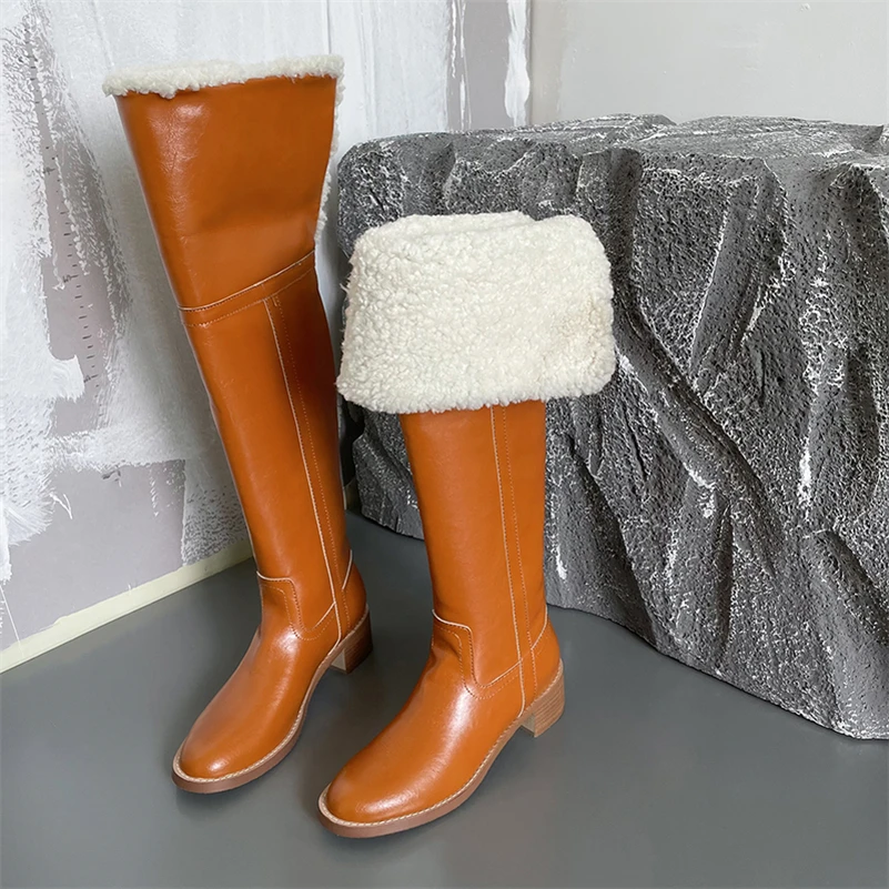 Meotina stivali di lana di pelliccia alta coscia in vera pelle da donna punta tonda piatta moda donna stivali lunghi sopra il ginocchio scarpe