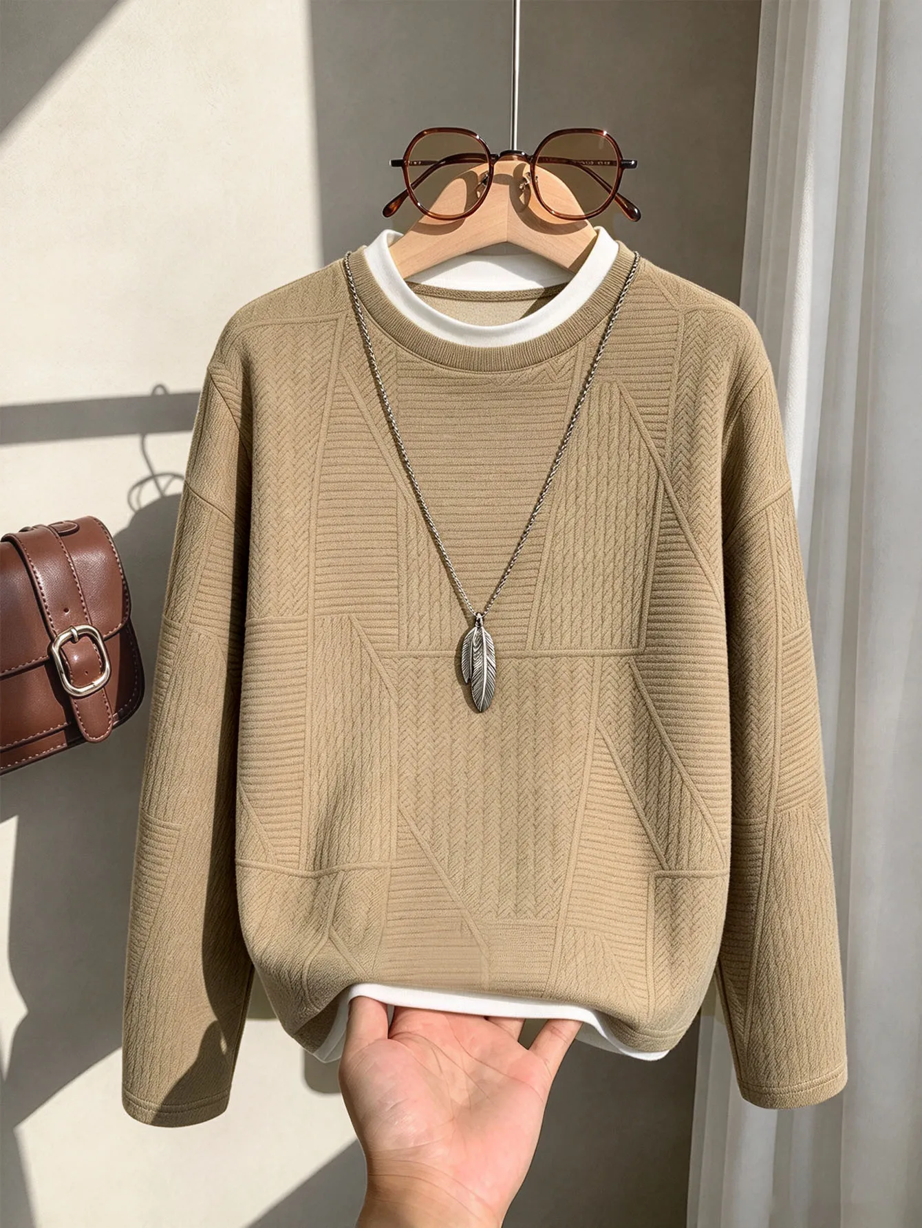 Boys Khaki Crewneck Sweatshir Textured Long Sleeve Pullover Mock Layer Collar Casual Fall Winter Kids Top