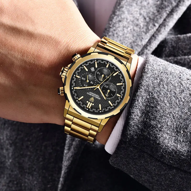 LIGE Men’s Watches Top Brand Big Sport Watch Luxury Men Military Steel Quartz Wrist Watches Chronograph Gold Design Male Clock