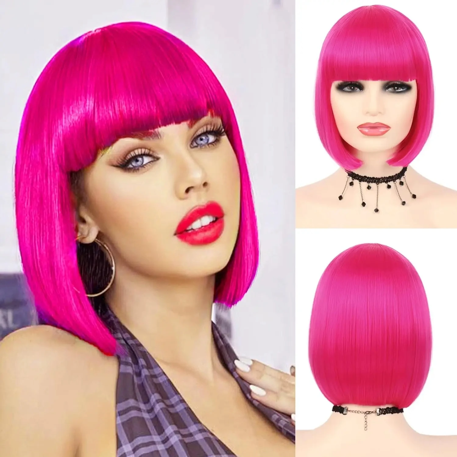 Synthetic Wig Pink Blonde Short Bob Machine Made Bangs for Women Girl Colorful Straight Cosplay Party Halloween Costume Daily