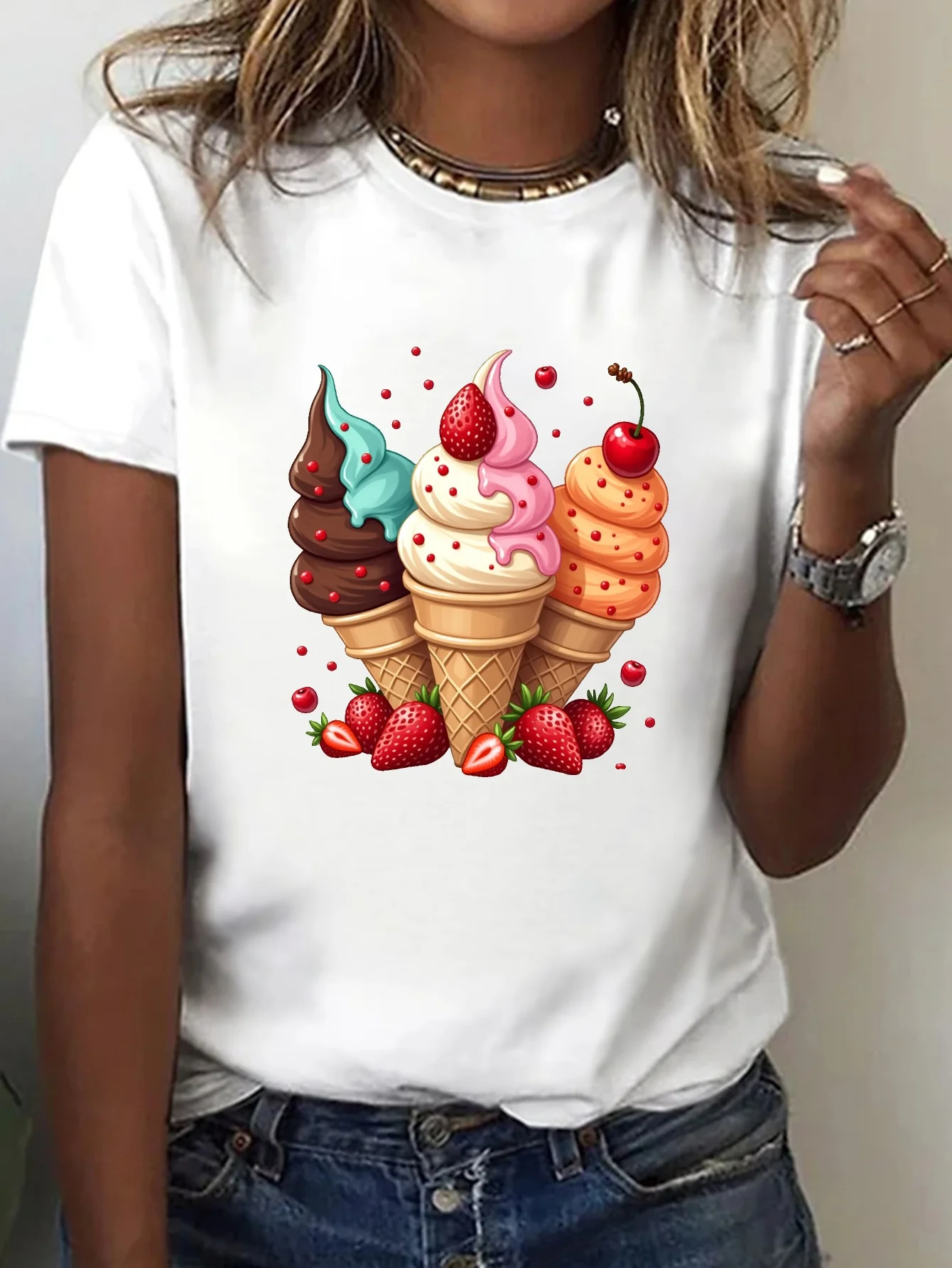Vibrant Summer and Spring T-Shirt for Women Colorful Ice Cream Cone  Strawberry Print T-Shirt Casual Crew Neck Short Sleeve Top - view 2