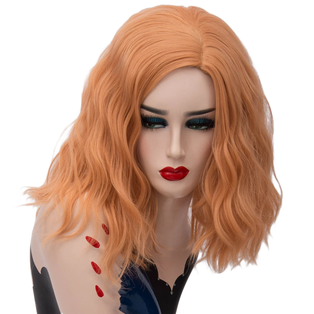 Women's Synthetic Short Wavy Orange Cosplay Wig Middle Part Line Heat Resistant Lolita for Halloween Party Daily Use