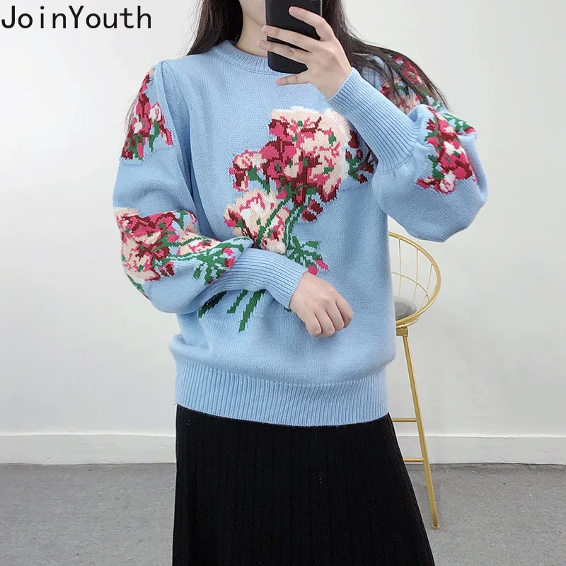 2023 Sueter Mujer Knitwear Pullovers Women Clothing O-neck Puff Sleeve Floral Jumper Vintage Knitted Sweater Tops Pull Femme