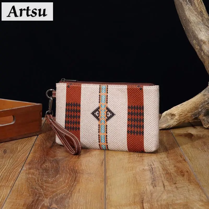 European American Retro Mobile Phone Bag Women's Wallet Cotton Linen Print Western Bohemian Handbag Leisure Small Square Bag