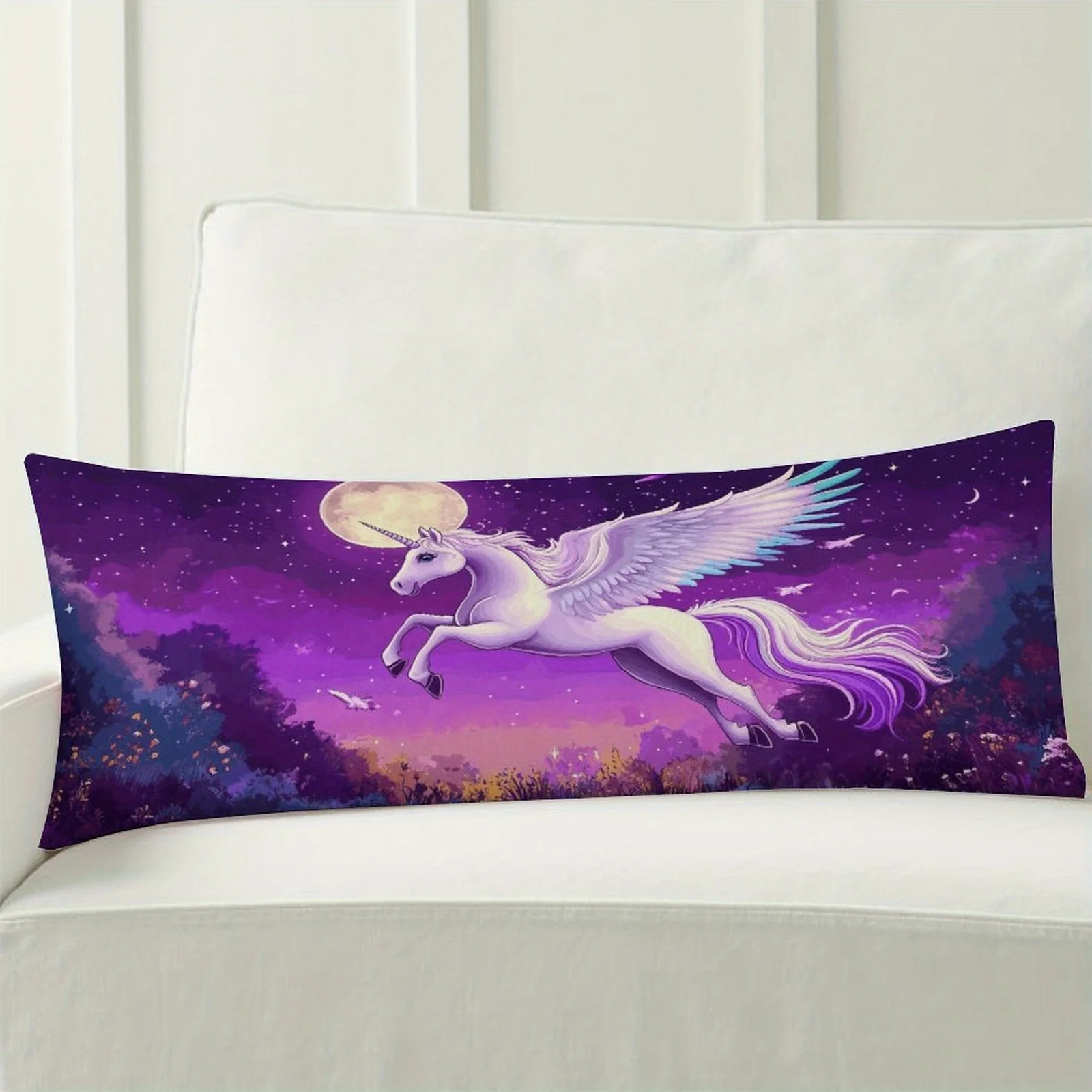 Extra-Long Unicorn Pillowcase Suitable for Standard Bed Frames - Oversized Flying Unicorn & Magic Night Sky Bedspread, Soft Flan