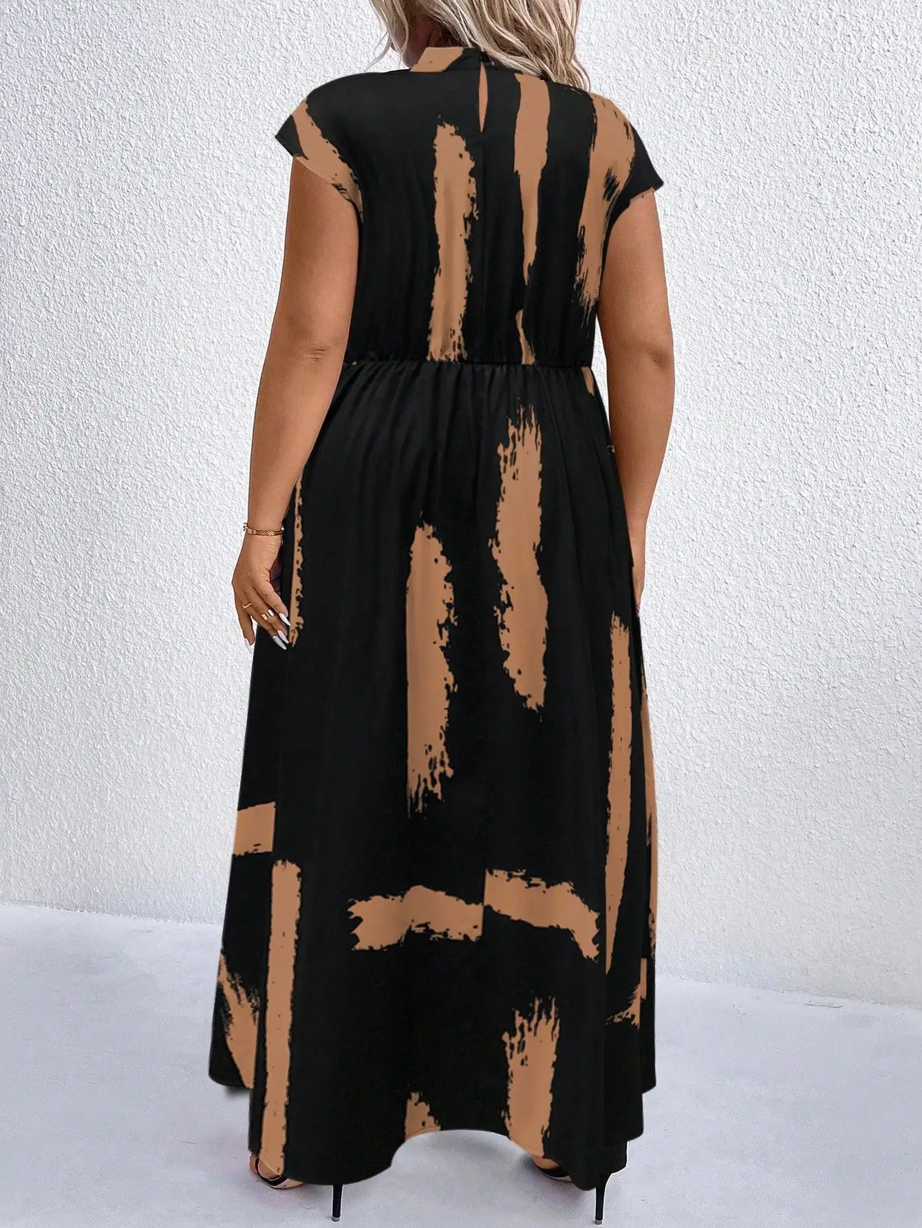 Black And Beige Brushstroke Print Mock Neck Maxi Dress For Women