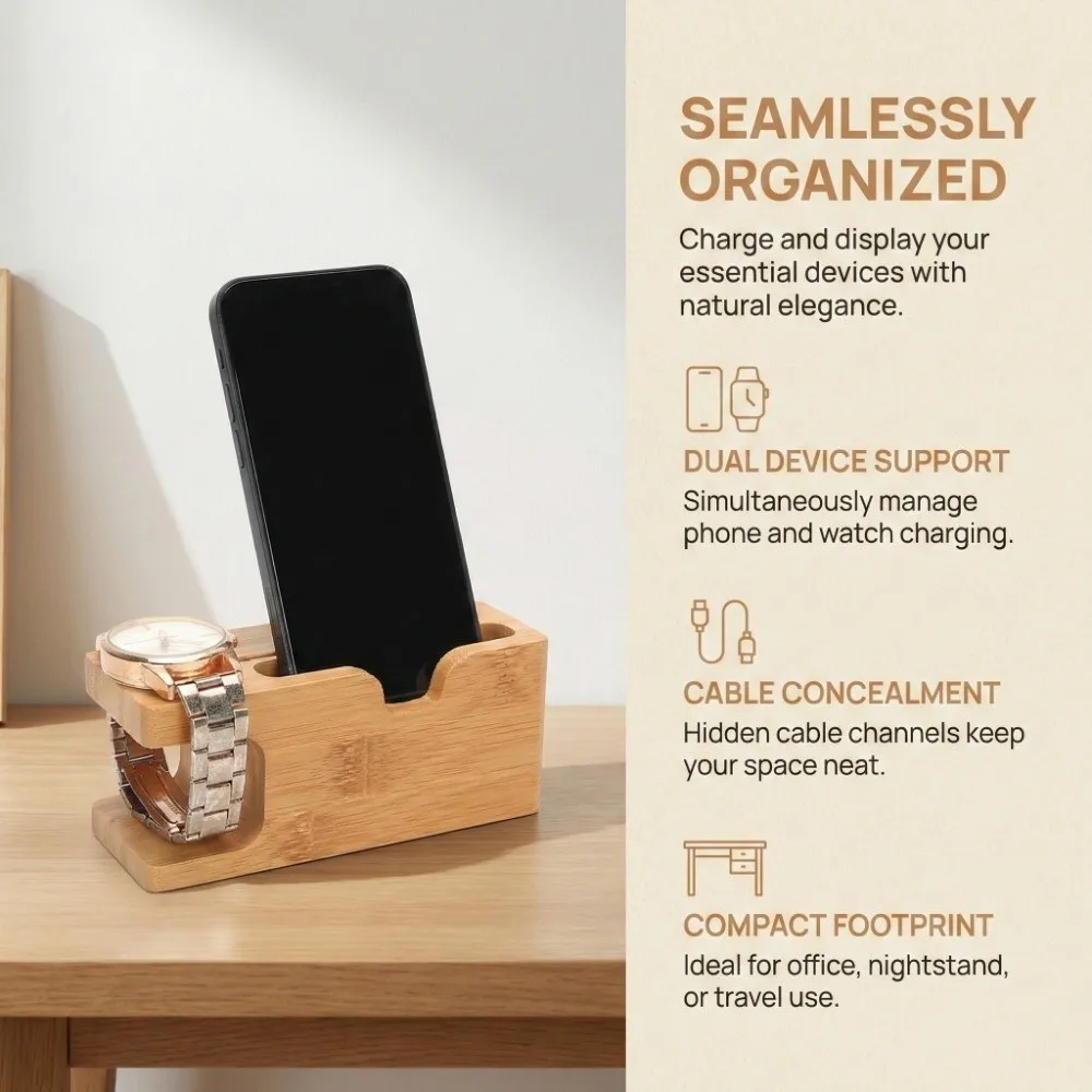

Bamboo Material Bamboo Charging Dock Station Cable Management Portable Design Watch Stand Desktop Organizer 13.7x 5.3x 5.9cm