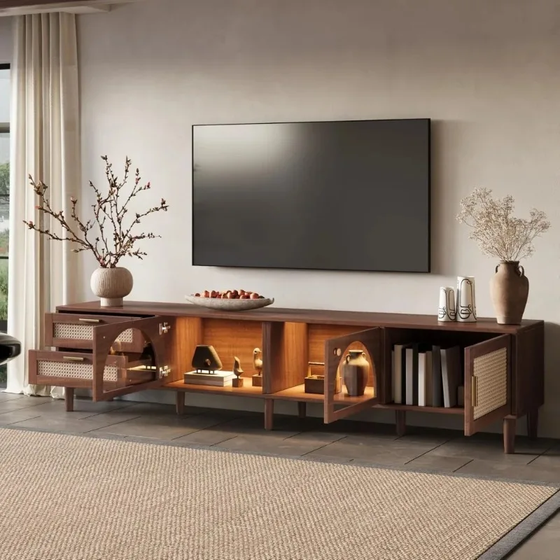 Wicker TV Stand with LED Lights, 86-inch Entertainment Center, 3 Cabinets and 2 Drawers, Solid Wood Legs