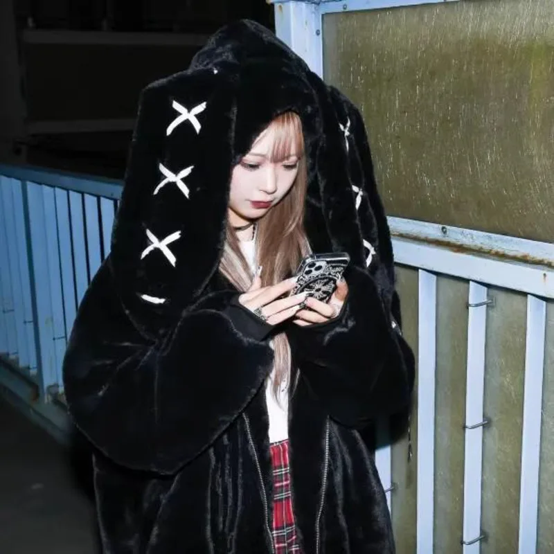 Abrigo de felpa con Orejas de conejo Harajuku para Mujer, chaqueta holgada de manga larga, sudaderas cálidas informales de calle alta, Ropa de invierno