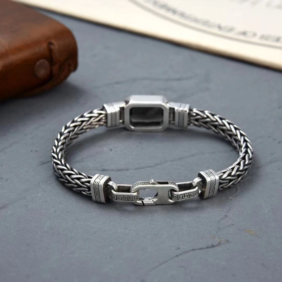 HX Silver Color Couple Style Hand-Knitted Bracelet Old Vintage Black Stone Men Personalized Versatile 5MM Chain Fashion Jewelry