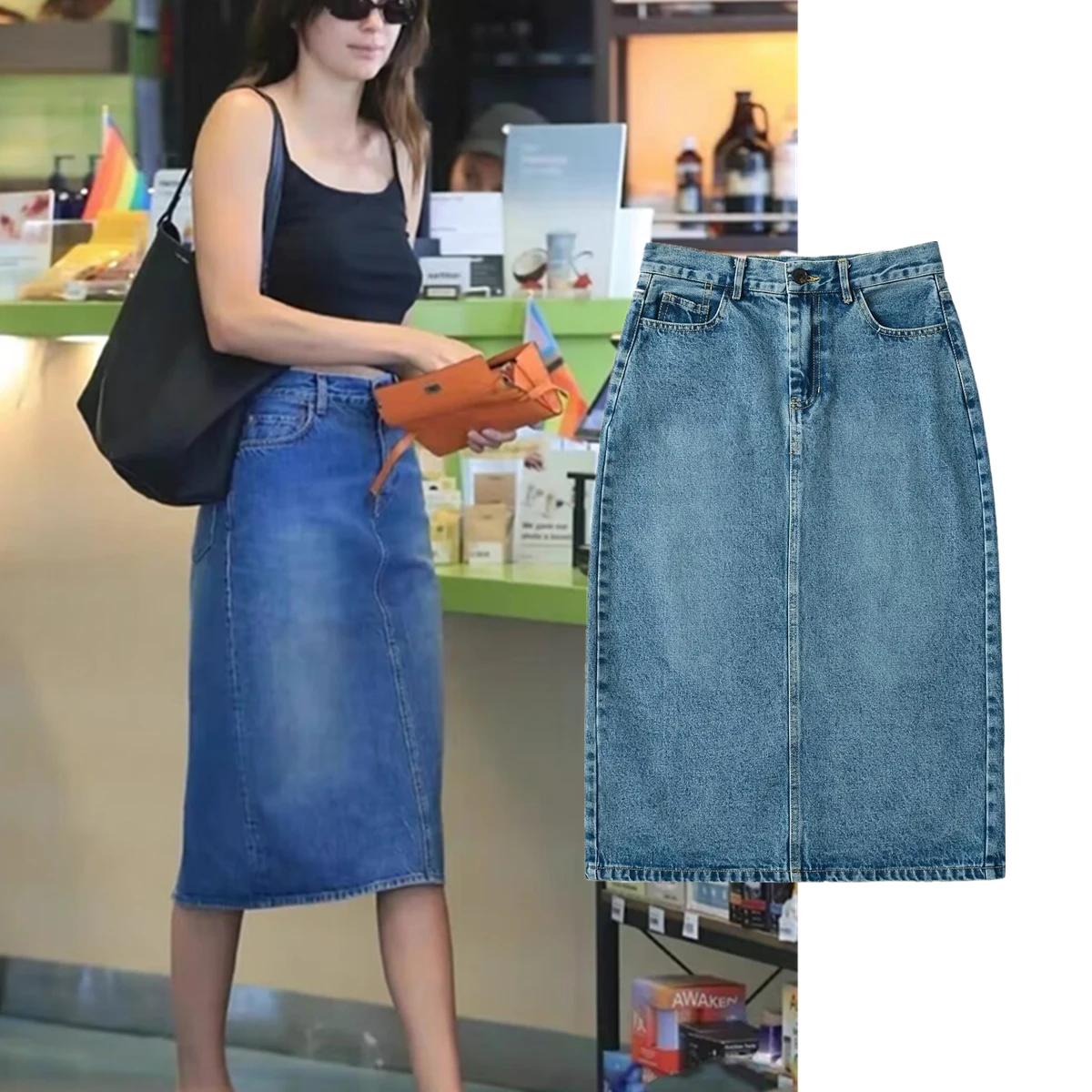 Jenny&Dave Fashion High Waisted Denim Skirt Retro Nordic Minimalist Washed Denim Blue Midi Skirt For Women