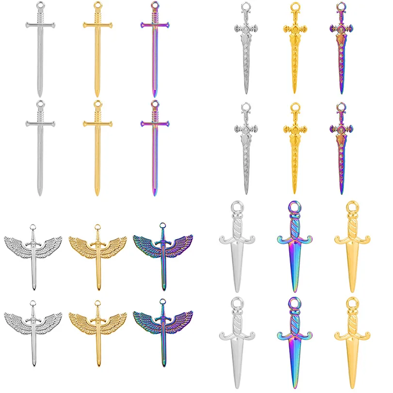 10pcs Vintage Vikings Lunar Phase Sword Charms Norse Cross Moon Pendants Punk Gothic Witch Winged Sword Magic Gifts for Necklace