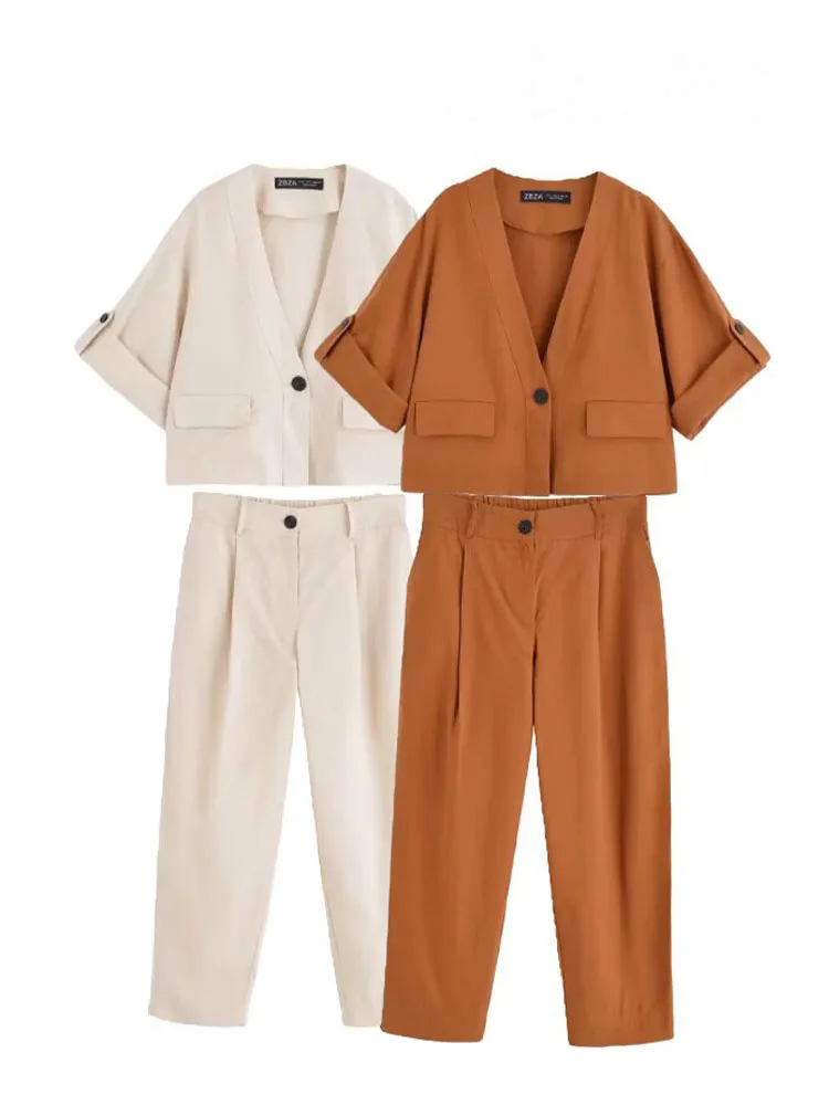 

HH Women 2-Piece Set Elegant V-neck Short Sleeve Single Design Solid Short Top+Fashion Casual High Waist Pocket Pencil Pants