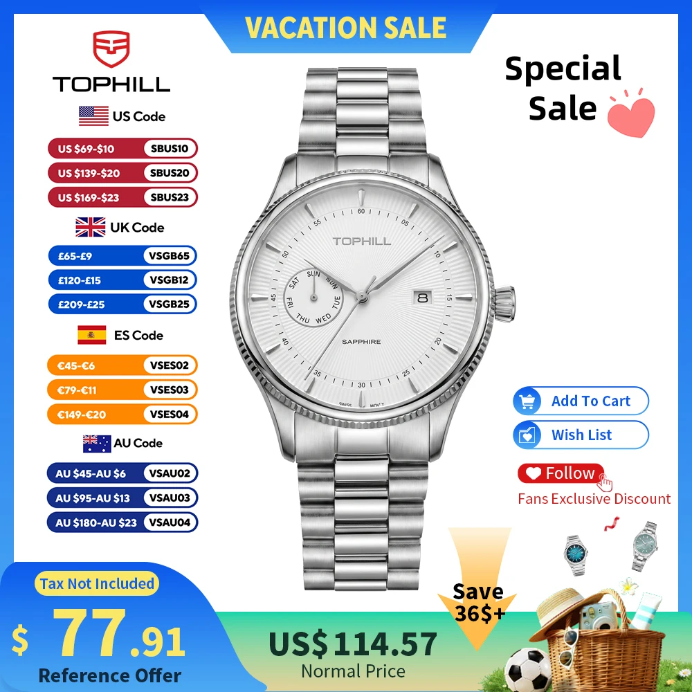 

TOPHILL 40mm ISA 9232/1950 Quartz Watch Casual Business 3Bar Waterproof 3H Calender Sapphire Glass Reloj 304L TW108G