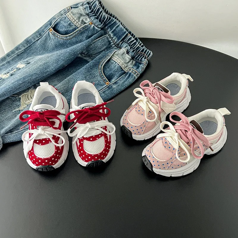 Girls' Thick-soled Daddy Shoes Spring and Autumn Children with Casual Shoes Sweet Polka-dot Baby Princess Sneakers.