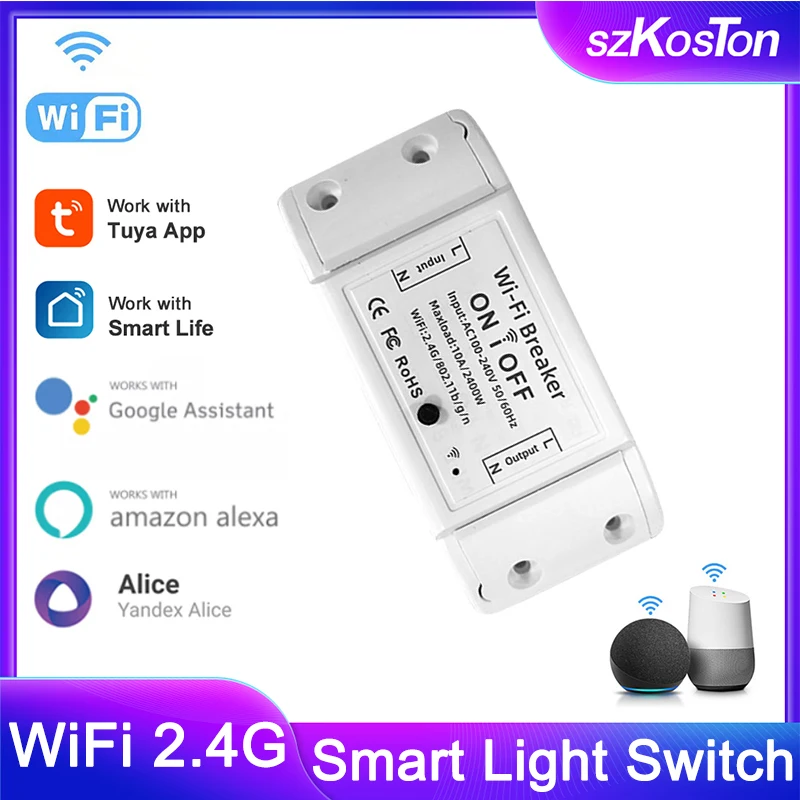 10A WiFi Smart Light Switch Universal Breaker Timer Tuya Smart Life APP Control Modules for Basic R2 Work with Alexa Google