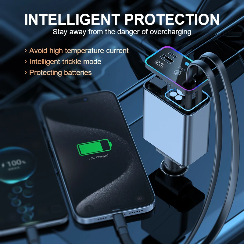 4 in 1 148W Car Charger Retractable PD66W Car Cigarette Lighter Adapter USB Type C Fast Charger Cable For IPhone Xiaomi Samsung