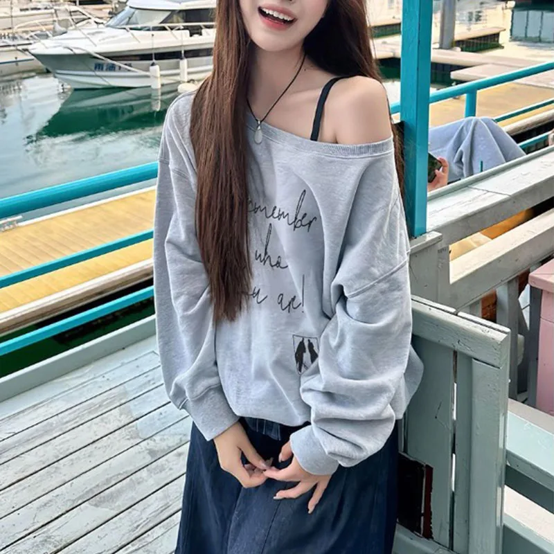 

Корейская версия минималистичной популярной женской толстовки с наклонными плечами на весну и осень, свободный стиль для похудения, универсальный