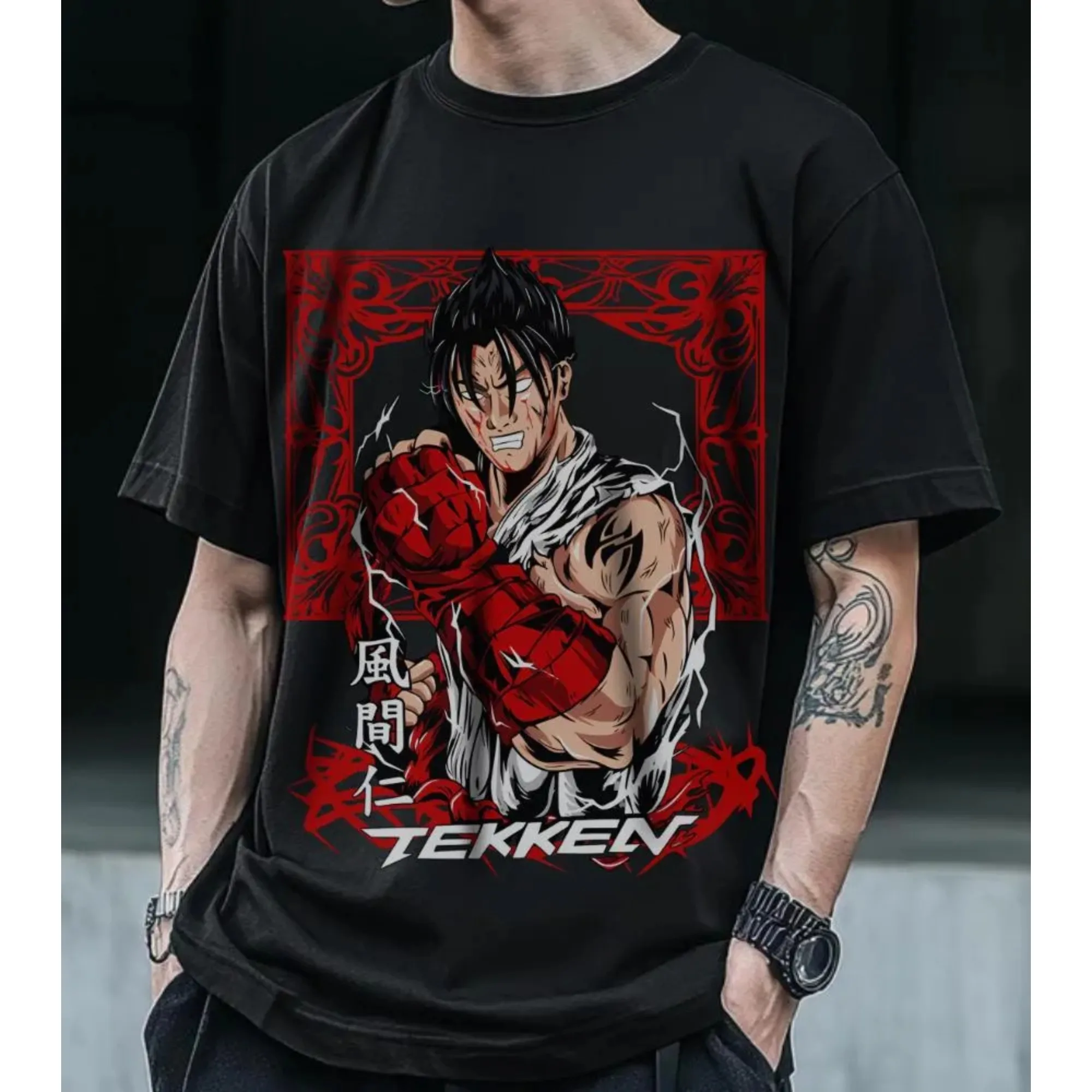 Cursed Bloodline Fighter T-Shirt Anime Boy Grafik-T-Shirt Herren Rote Handschuhe Streetwear Hip Hop Gothic Style Baumwollshirt Dunkle Ästhetik