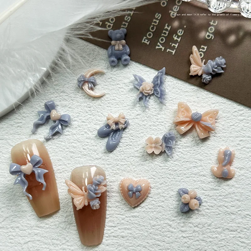 

10pcs 3D Korean Bear Resin Nail Charms Bulk Kawaii Japanese Heart Moon Flower Parts Rhinestones Nail Art Decoration Accessories