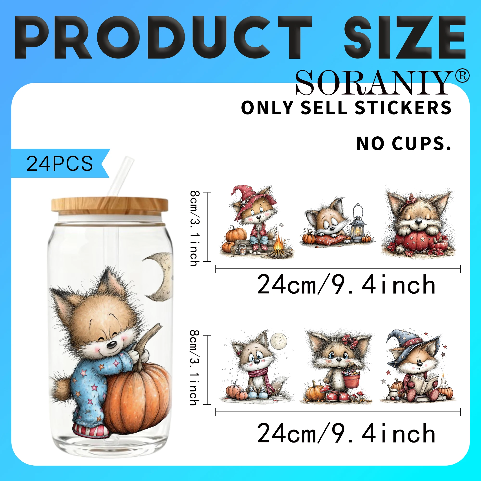 24PCS/Set Pumpkin Fox Halloween  Themed UV DTF 16OZ DIY Transfer Paper Set Golden Text Used For 16oz Water Bottles Glass