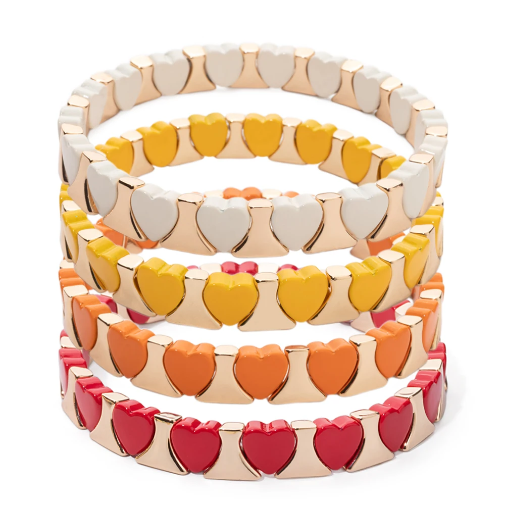 

2024 New Design Enamel Colorful Heart Beads Bangle Romantic Style Elastic Couple Bracelet Women Fashion Jewelry Accessories
