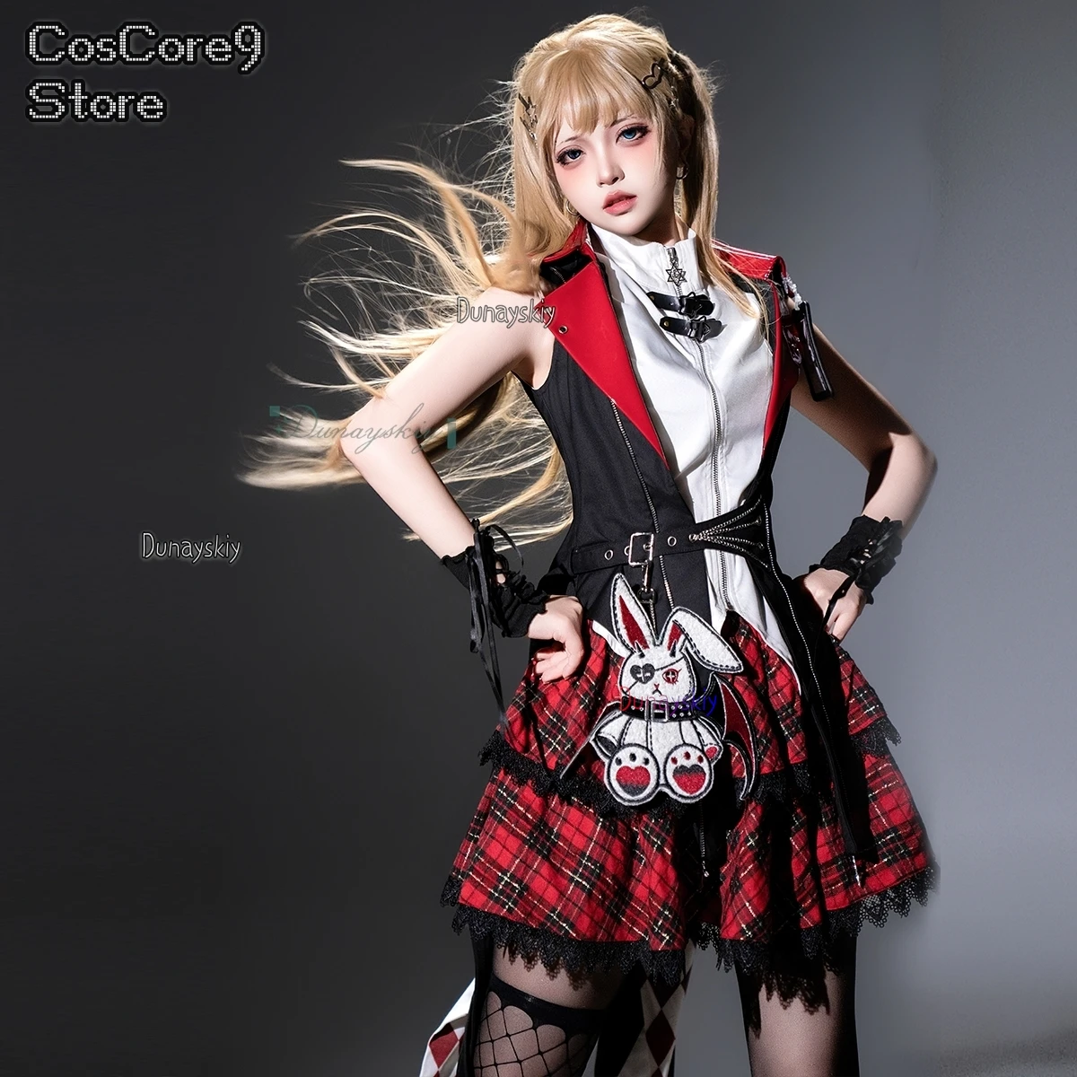 

Stage 코스프레 s Idol Cosplay Rock Punk Lolita Rabbit Hooded Jacket Black Red Checkered Pattern For Halloween Party Carnival