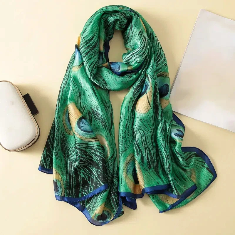 Luxury Brand 2023 Imitation Silk Satin Scarf Turban Female Peacock Feather Scarf Thin Shawl Foulard Femme Hijab Stoles