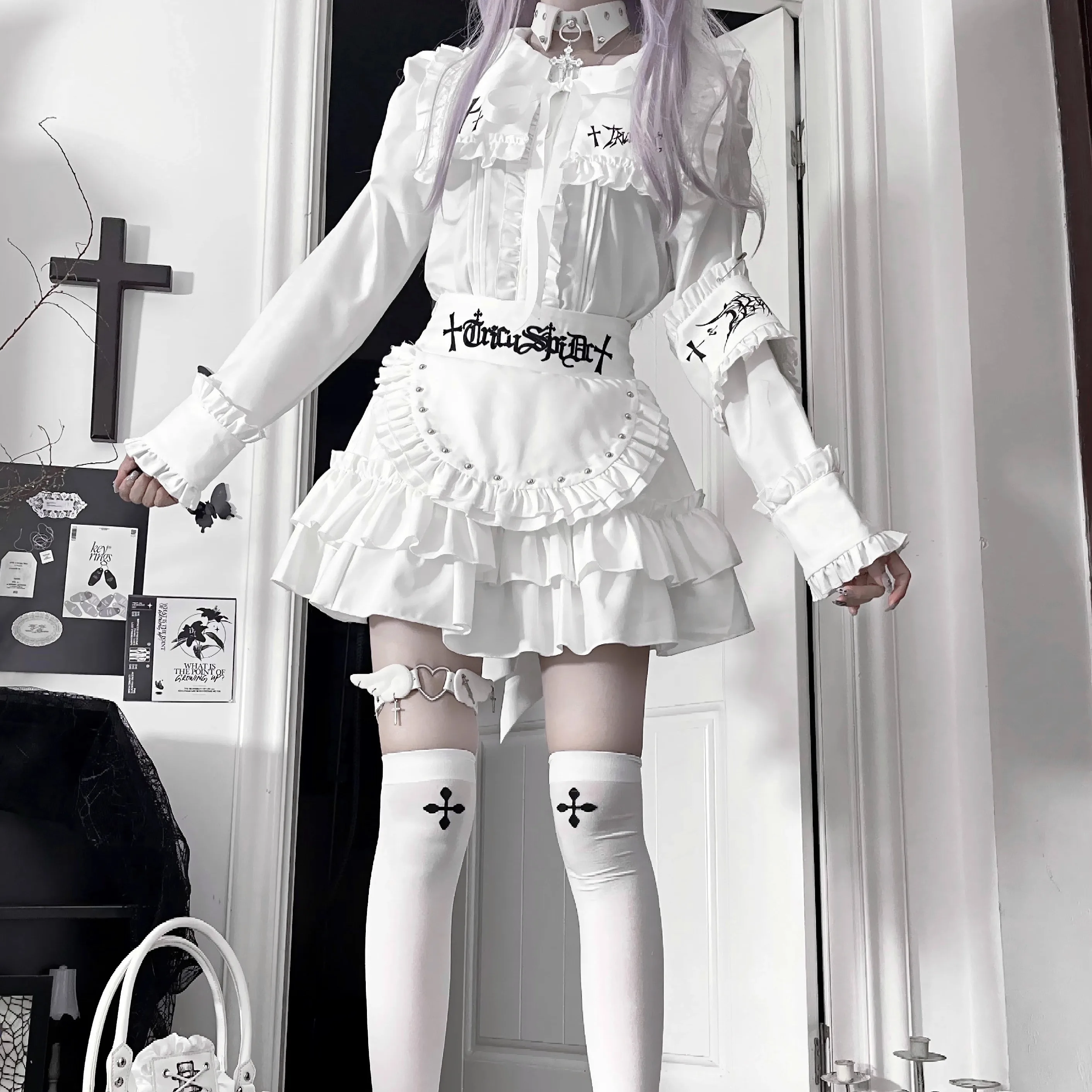 วัฒนธรรมย่อยMineพิมพ์เย็บปักถักร้อยเสื้อแขนยาวชุดกระโปรงฤดูใบไม้ร่วงใหม่ 2025 ญี่ปุ่นGothic HarajukuความงามTop Miniกระโปรง