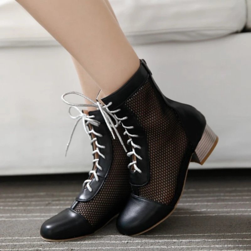 REAVE CAT brand women Summer Ankle Boots Black white breathable mesh lace up flatshoes Thick heel Botas feminino duży rozmiar 45