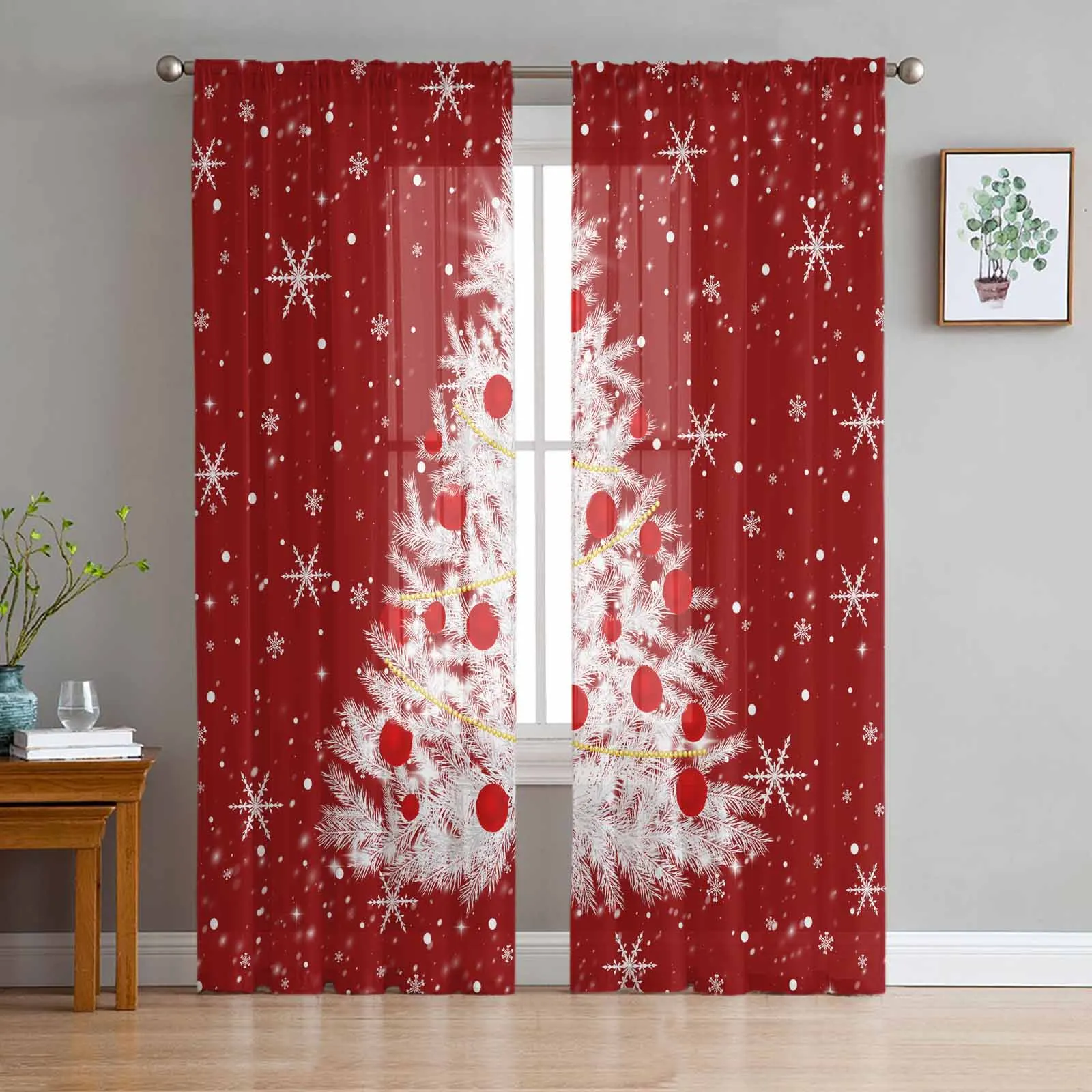 Red Christmas Tree Snowflakes  The Sea Sheer Curtains for Living Room Bedroom Home Hotel Coffee Decor Chiffon Tulle Curtains